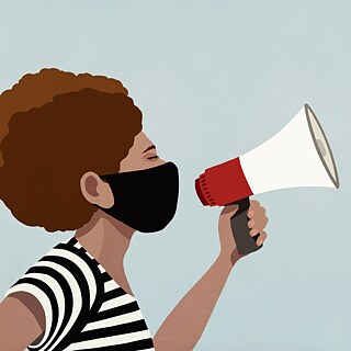 Illustration von einer POC-Frau die in ein Lautsprecher redet und eine Gesichtsmaske tr�gt