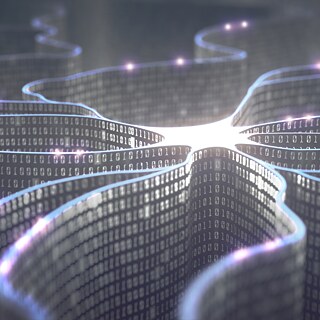 Wandf�rmige Bin�rcodes bilden �bertragungsleitungen aus Impulsen, Digitale Informationen in Analogie zu einer Nervenzelle